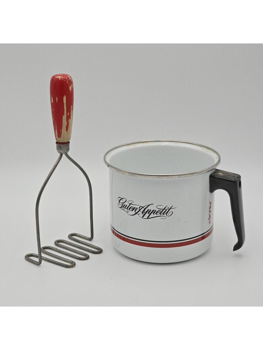 Vintage German Enamelware Mug/Pot and Potato Masher w/Red Wood Handle